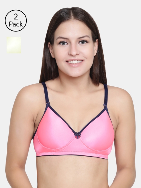 

Floret Set Of 2 Pink & Lime Green Solid Non-Wired Lightly Padded T-shirt Bra T3016