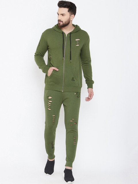 

FUGAZEE Men Olive-Green Ripped Slim-Fit Tracksuit