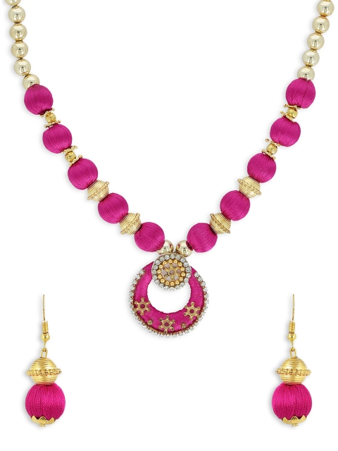 

AKSHARA Girls Magenta & Gold-Toned Stone-Studded Handcrafted Beaded Jewellery Set