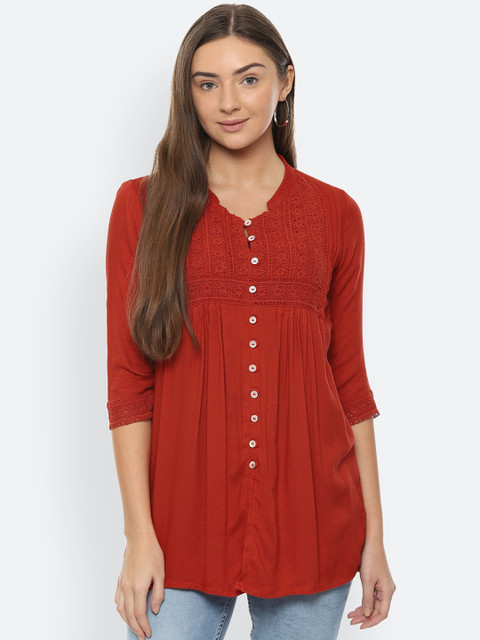 

People Women Orange Self Design Longline Top