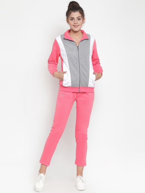 

WILD WEST Women Pink & Grey-Melange Colourblocked Tracksuit