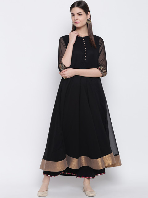 

Shakumbhari Women Black & Gold-Toned Solid Anarkali Kurta