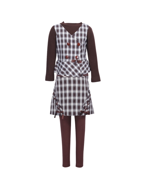 

CUTECUMBER Girls Brown & Grey Checked Top with Skirt
