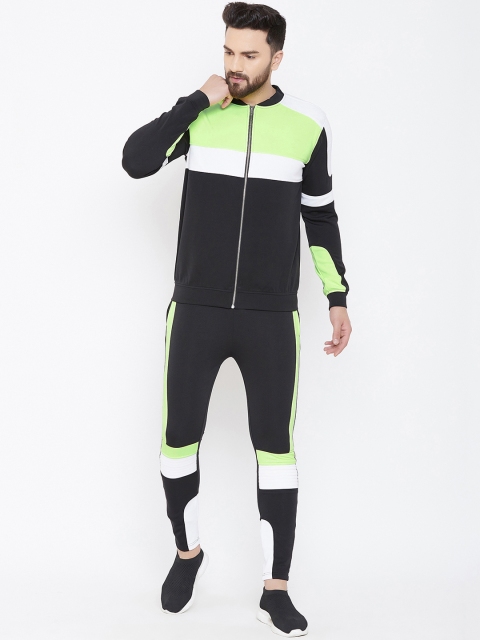 

FUGAZEE Men Black & Lime Green Colourblocked Slim-Fit Tracksuit