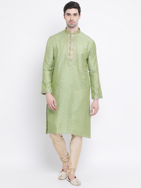 

Sanwara Men Green Silk Woven Design Straight Kurta