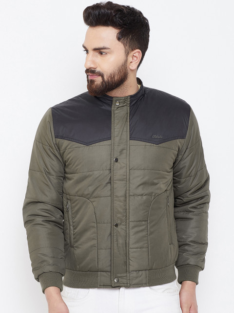 

Adobe Men Olive Green & Black Colourblocked Puffer Jacket