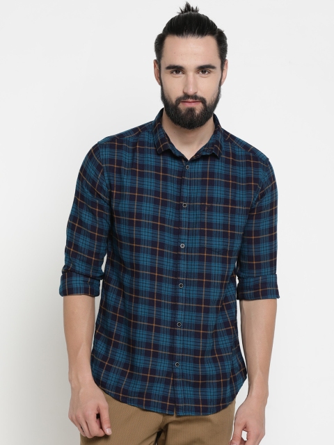 

SHOWOFF Men Navy Blue & Brown Checked Slim Fit Casual Shirt