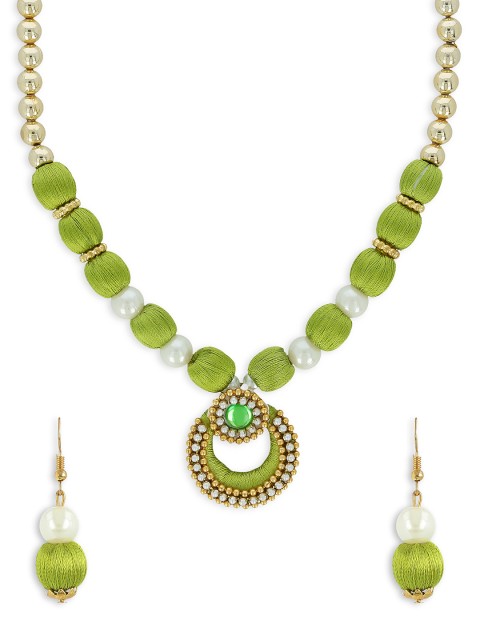 

AKSHARA Girls Green & Gold-Toned Stone-Studded Handcrafted Beaded Jewellery Set