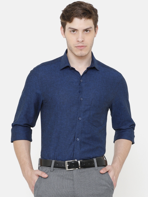 CAVALLO by Linen Club Men Cotton Linen Navy Blue Regular Fit Solid Formal Shirt