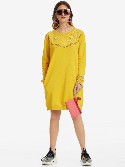 

Desigual Women Yellow Embroidered T-shirt Dress