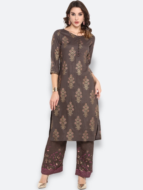 

Janasya Women Brown & Gold-Coloured Printed Kurta with Palazzos
