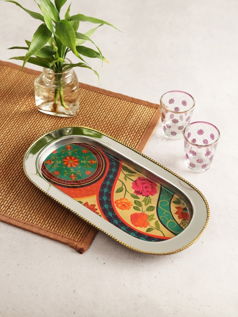 

India Circus by Krsnaa Mehta Orange & Green Floral Embroidery Steel Serving Tray