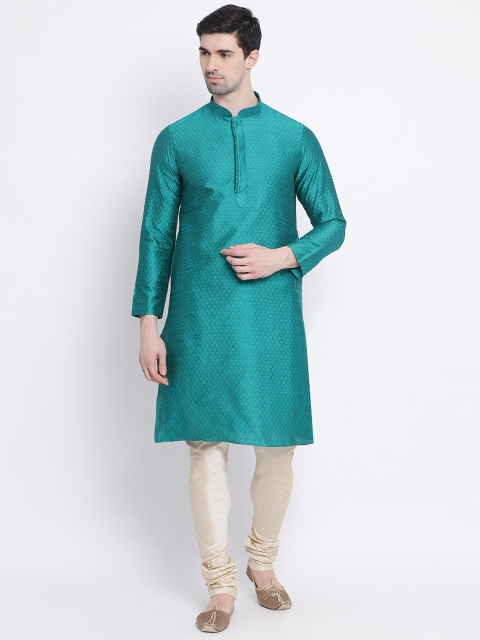 

Sanwara Men Green & Green Woven Design Straight Kurta, Teal