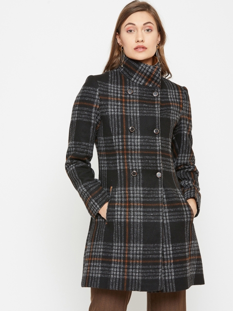 

Marie Claire Women Black & White Checked Double-Breasted Longline Overcoat