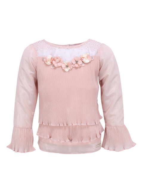 

CUTECUMBER Girls Peach-Coloured Accordion Pleat Blouson Top