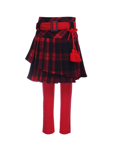

CUTECUMBER Girls Red & Navy-Blue Checked A-Line Knee-Length Woollen Skirt With Leggings