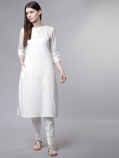 

Vishudh Women White Striped Kurti with Palazzos