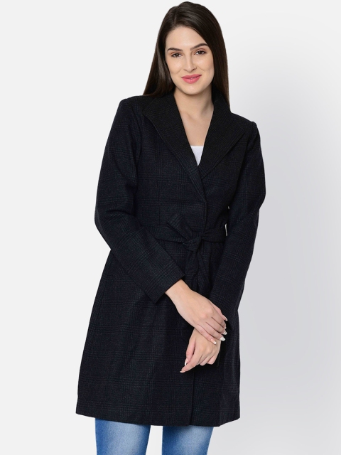 

Owncraft Women Grey & Black Checked Single-Breasted Longline Woolen Overcoat