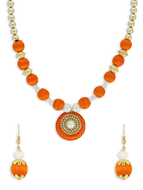 

AKSHARA Girls Orange & Gold-Toned Stone-Studded Handcrafted Beaded Jewellery Set