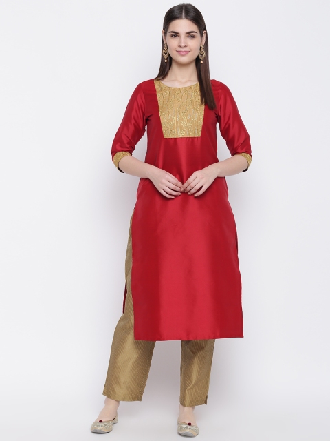 

Shakumbhari Women Red & Gold-Coloured Yoke Design Straight Kurta