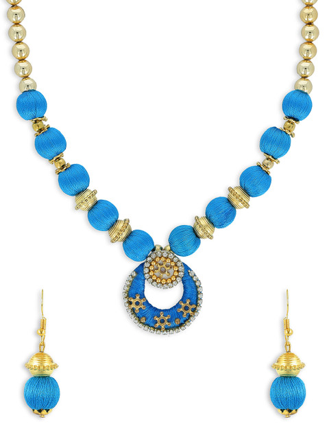 

AKSHARA Girls Blue & Gold-Toned Stone-Studded Handcrafted Beaded Jewellery Set