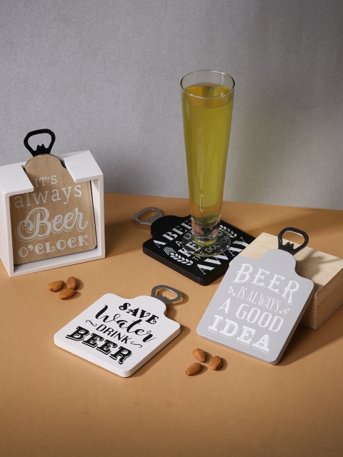 

Chumbak Set of 4 White & Brown Printed Coasters With Stand