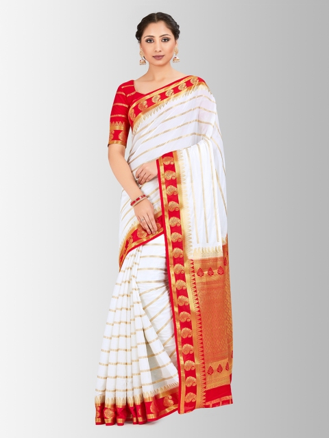 

MIMOSA White & Red Poly Crepe Striped Mysore Silk Saree