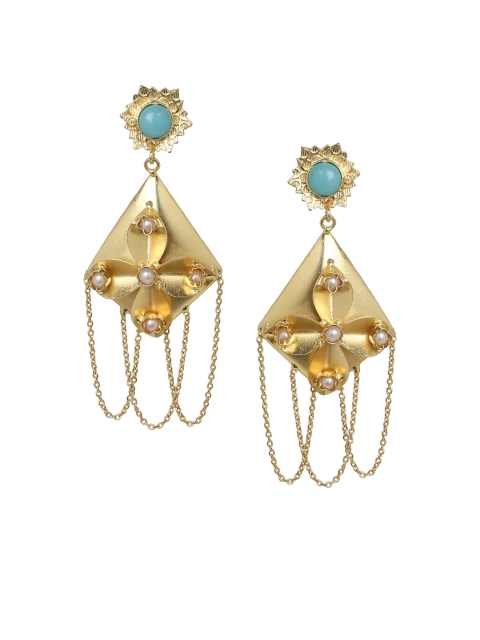 

ZeroKaata Gold-Plated & Pearl Studded Handcrafted Contemporary Drop Earrings