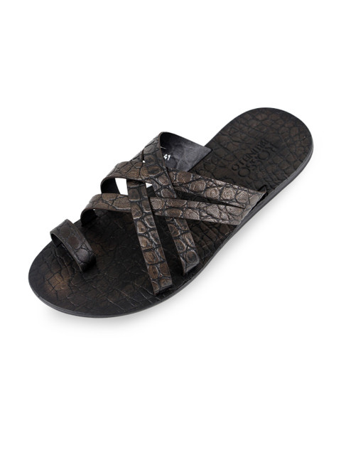 

ROSSO BRUNELLO Men Black Textured Leather Open Toe Flats