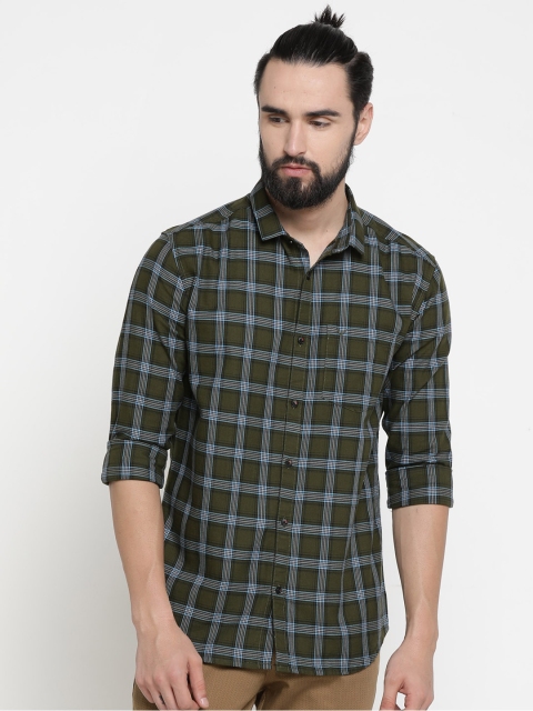 

SHOWOFF Men Olive Green & Off-White Checked Slim Fit Casual Shirt