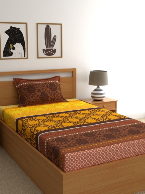 

Dreamscape Brown Floral 144 TC Cotton 1 Single Bedsheet with 1 Pillow Covers