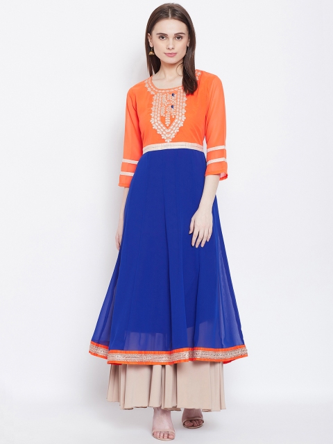 

AASK Women Orange & Blue Embroidered A-Line Kurta