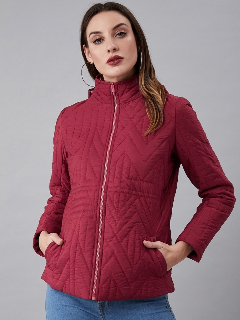 

Athena Women Maroon Solid Quilted Jacket with Detachable Hood