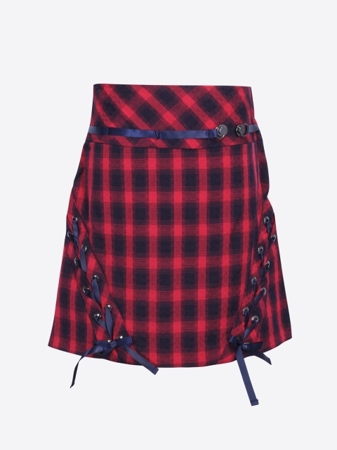 

CUTECUMBER Girls Red & Navy-Blue Checked A-Line Knee-Length Skirt