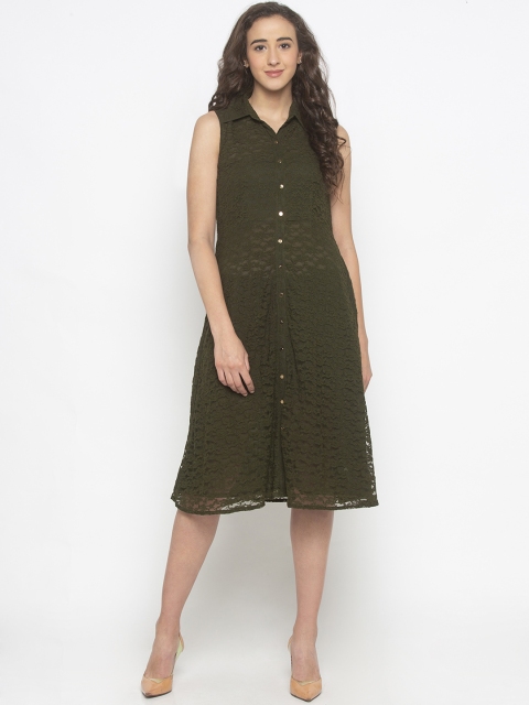 

Iti Women Olive Green Self Design Shirt Dress