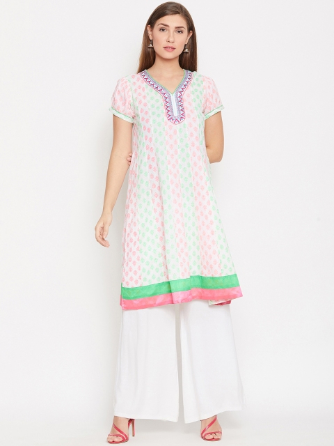 

AASK Women White & Pink Printed Pure Cotton A-Line Kurti