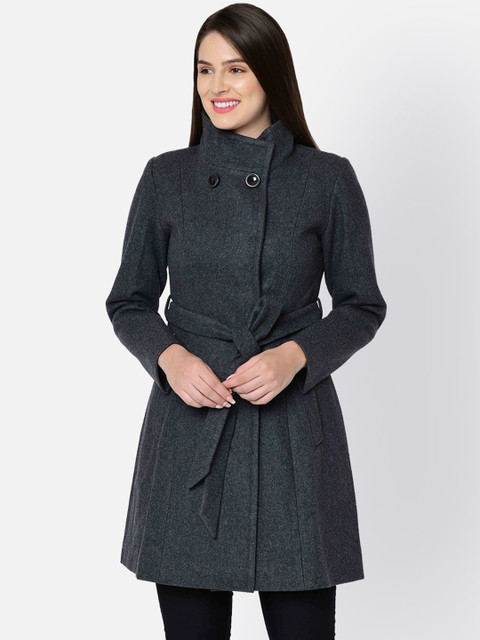 

Owncraft Women Grey Solid Single-Breasted Longline Herringbone Woolen Overcoat