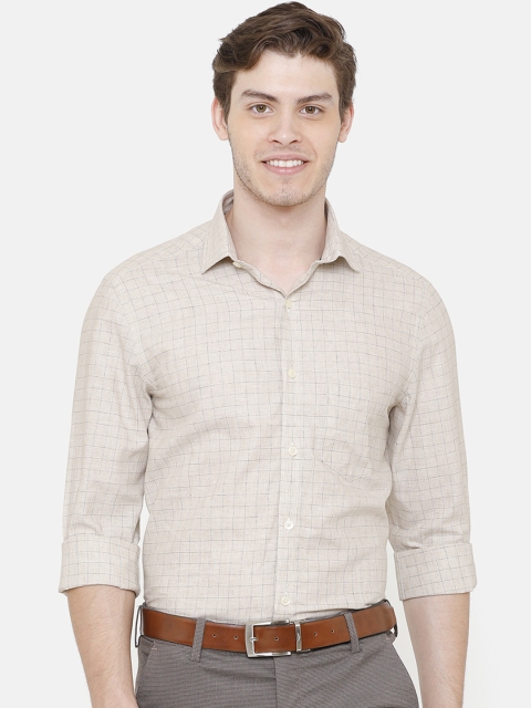 

CAVALLO by Linen Club Men Cotton Linen Beige Regular Fit Checked Formal Shirt