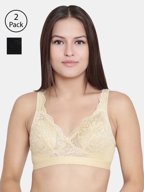 

Floret Set Of 2 Beige & Black Lac-Detailed Non-Wired Non Padded Everyday Bra