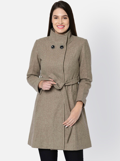 

Owncraft Women Khakhi-Coloured Solid Single-Breasted Longline Woolen Overcoat, Khaki