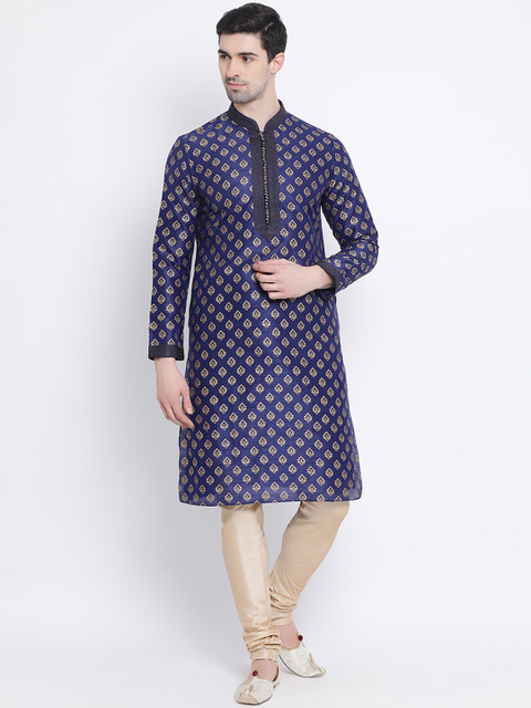 

Sanwara Men Blue & Gold-Coloured Woven Design Straight Kurta
