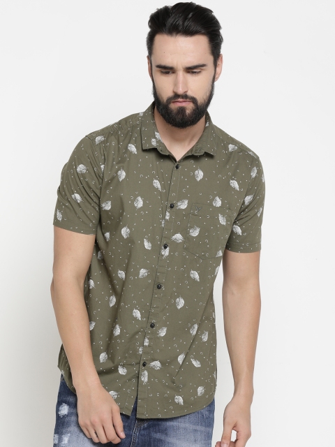 

SHOWOFF Men Olive Green & White Slim Fit Printed Casual Shirt