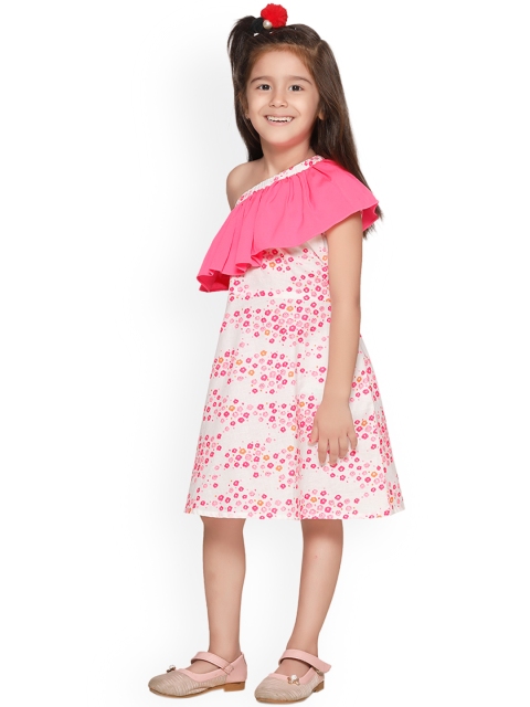 

LilPicks Girls Pink & Off-White Floral Print Fit and Flare Dress
