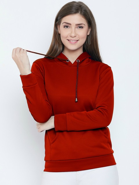 

CHROME & CORAL Women Red Solid Hooded Sweatshirt