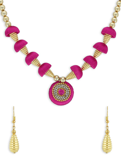 

AKSHARA Girls Magenta & Gold-Toned Stone-Studded Handcrafted Beaded Jewellery Set