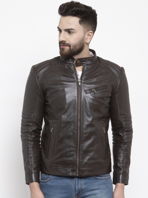 

WELBAWT Men Brown Solid Lightweight Leather Jacket