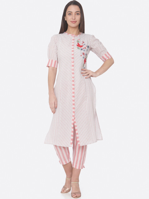 

RAISIN Women Off-White & Pink Striped Kurta with Trousers