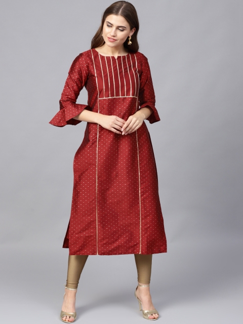 

Varanga Women Maroon Woven Design Straight Silk Kurta