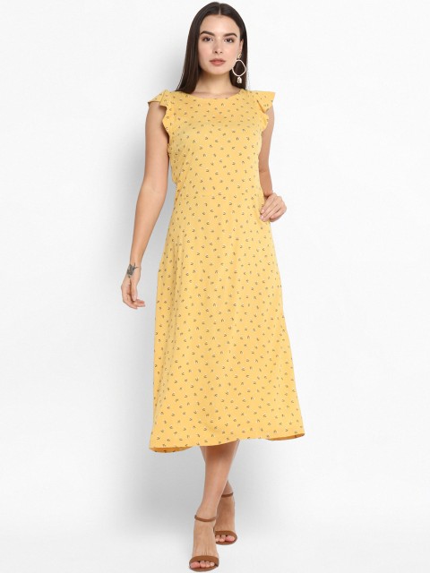 

MIAMINX Women Yellow Printed Fit and Flare Dress