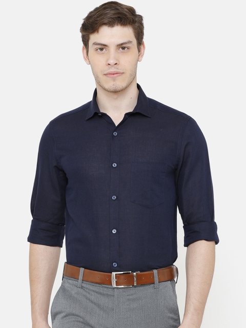

CAVALLO by Linen Club Men Cotton Linen Navy Blue Regular Fit Solid Formal Shirt